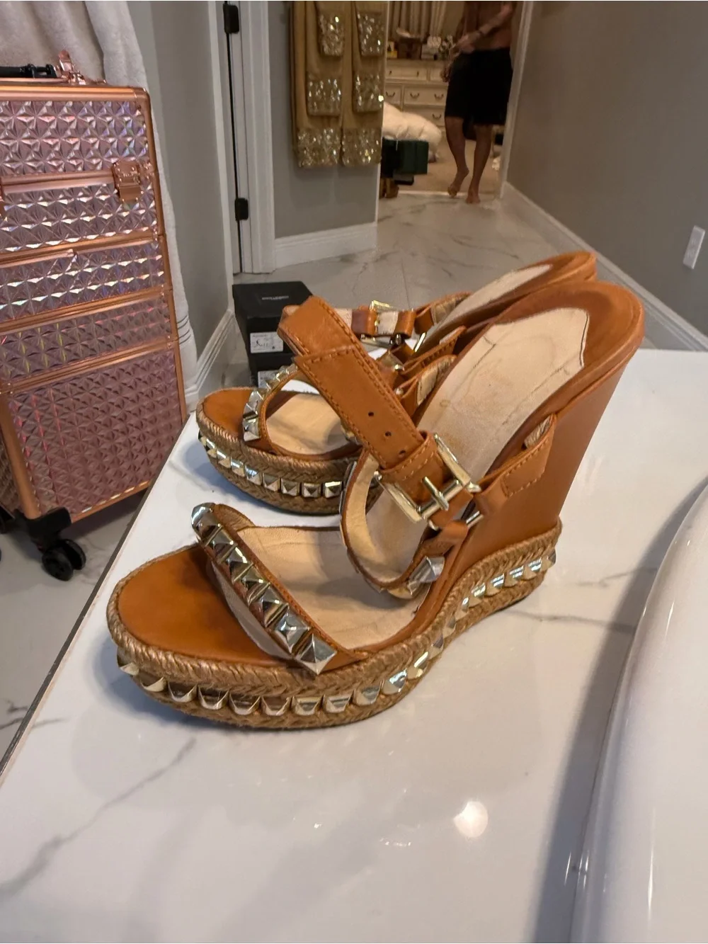 Christian Louboutin Tan Leather Studded Platform Wedge Sandals